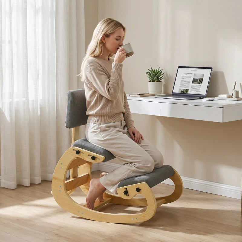 HOMCOM Sedia Ergonomica Inginocchiata in Tessuto Effetto Lino e Compensato di Betulla, Grigio