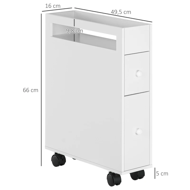 HOMCOM Badkamerkast op wielen, smal design, twee lades, vier wielen, wit, 16 x 49,5 x 66 cm(m-3)