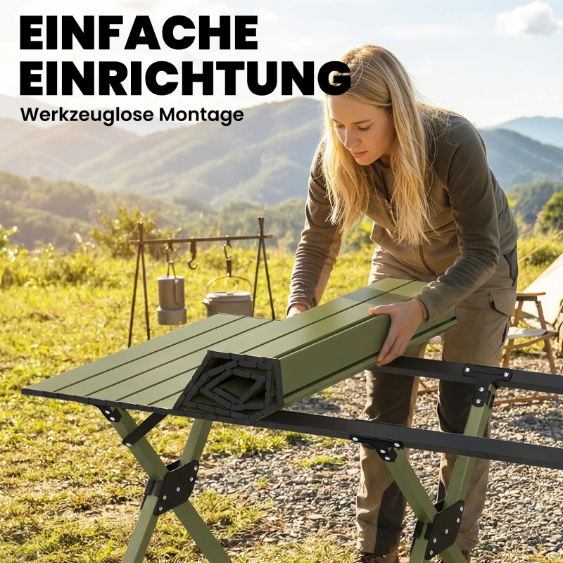 Outsunny Campingtisch Klapptisch mit Aufrollbarer Tischplatte, X-Rahmen Tragetasche 116 x 59 cm Militärgrün