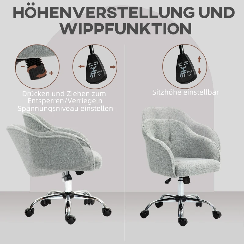HOMCOM Homeoffice-stoel, ergonomische bureaustoel met kantelfunctie, teddysamt-look 56 x 61 x 86 cm grijs