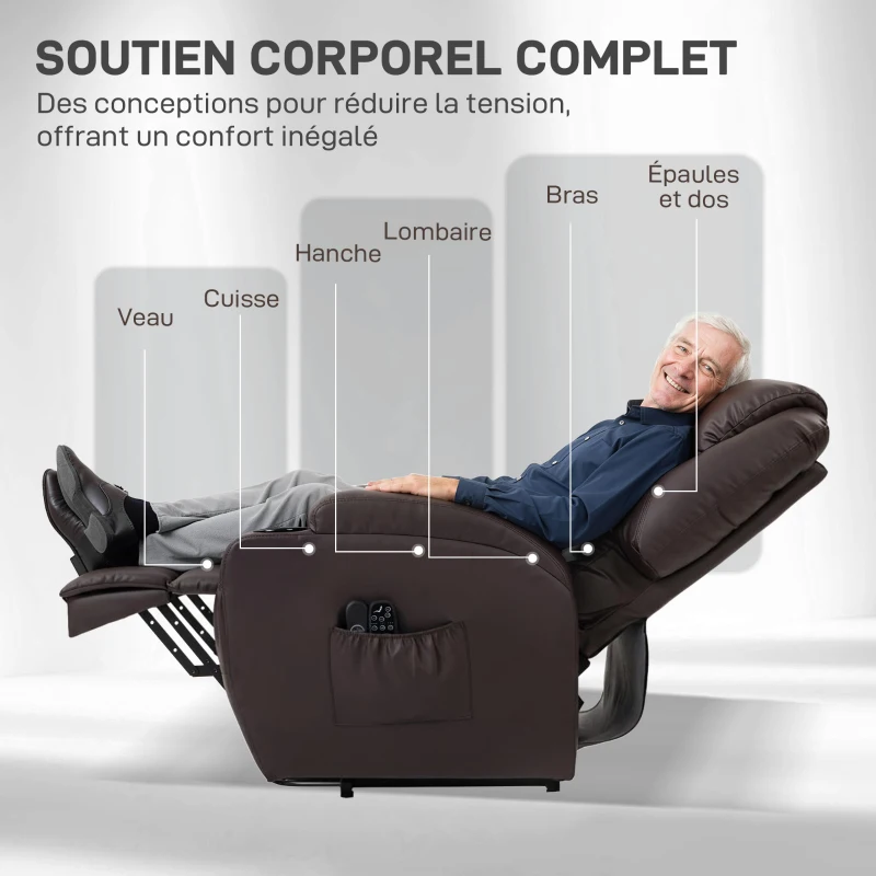 HOMCOM Fauteuil releveur électrique, fauteuil relax électrique, repose-pied, dossier inclinable, port USB, 83x95x107cm, marron