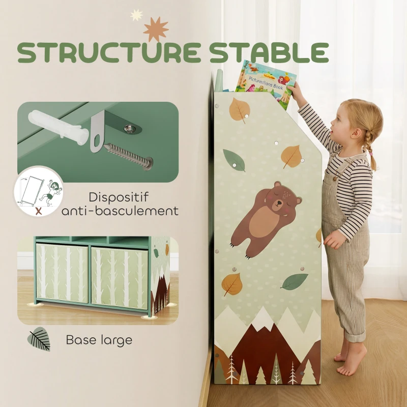 AIYAPLAY Meuble rangement enfant, bibliothèque enfants avec étagères ouvertes et 2 tiroirs en tissu, MDF, vert