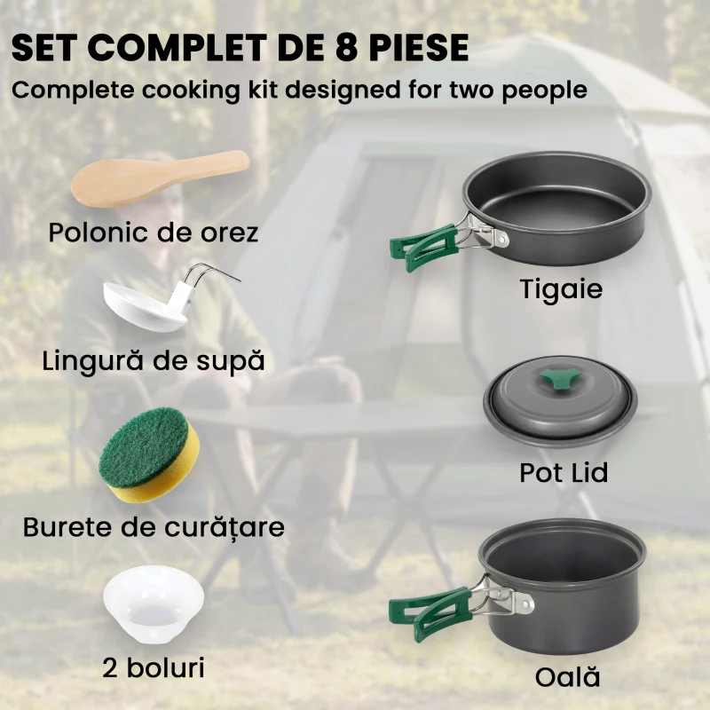 Outsunny Set Oale Camping 8 Piese 2 Persoane, Încălzire Rapidă, Ultraușor, Mânere Anti-Arsură, Drumeții Picnic, Gri
