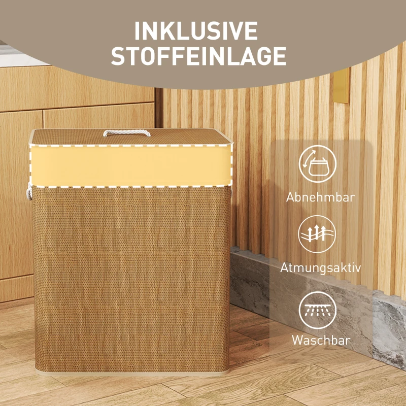 HOMCOM Bamboe Wasmand met Deksel 2 Vakken 100 L Wasverzamelaar met Touwhandvatten, Uitneembare Waszak