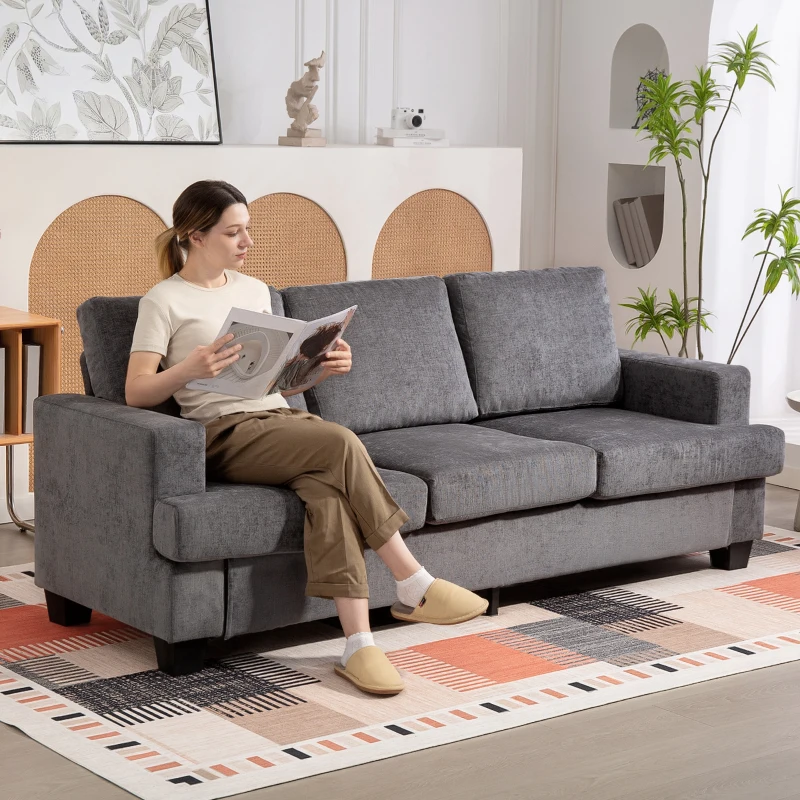 HOMCOM 3-zits Sofa, Woonkamerbank voor 3 personen, Stoffen bekleding, Stalen frame, Geplofte sofa, Grijs