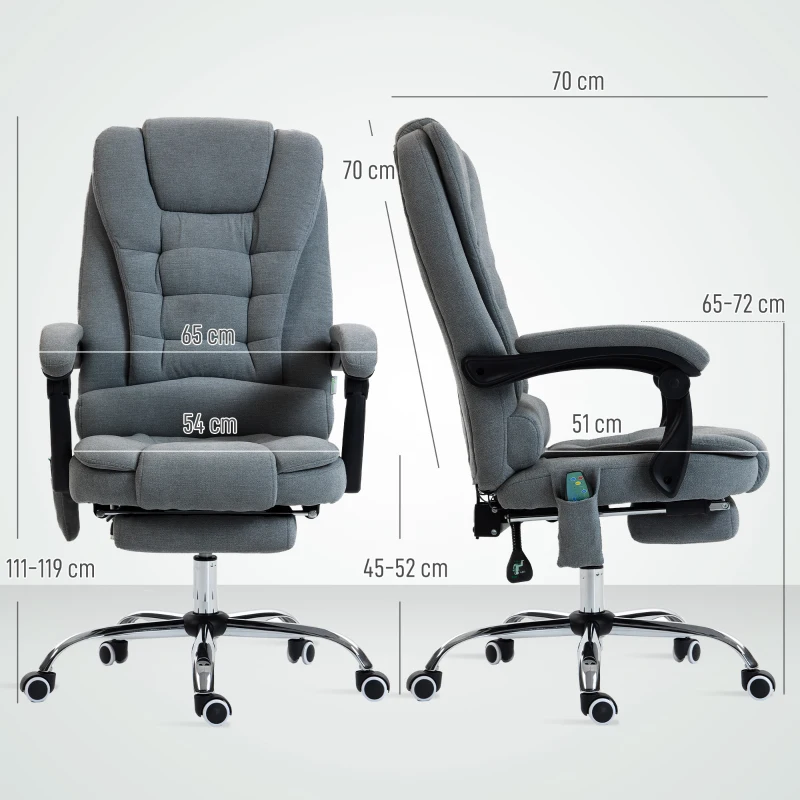 Vinsetto Fauteuil de bureau massant et chauffant, chaise de bureau, hauteur réglable, dossier inclinable, 65x70x111-119cm, gris