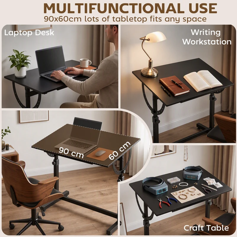 HOMCOM Table à Dessin Inclinable 0°-85°, Bureau à Dessin Réglable en Hauteur avec Rebord Antidérapant, Cadre en Acier, Noir