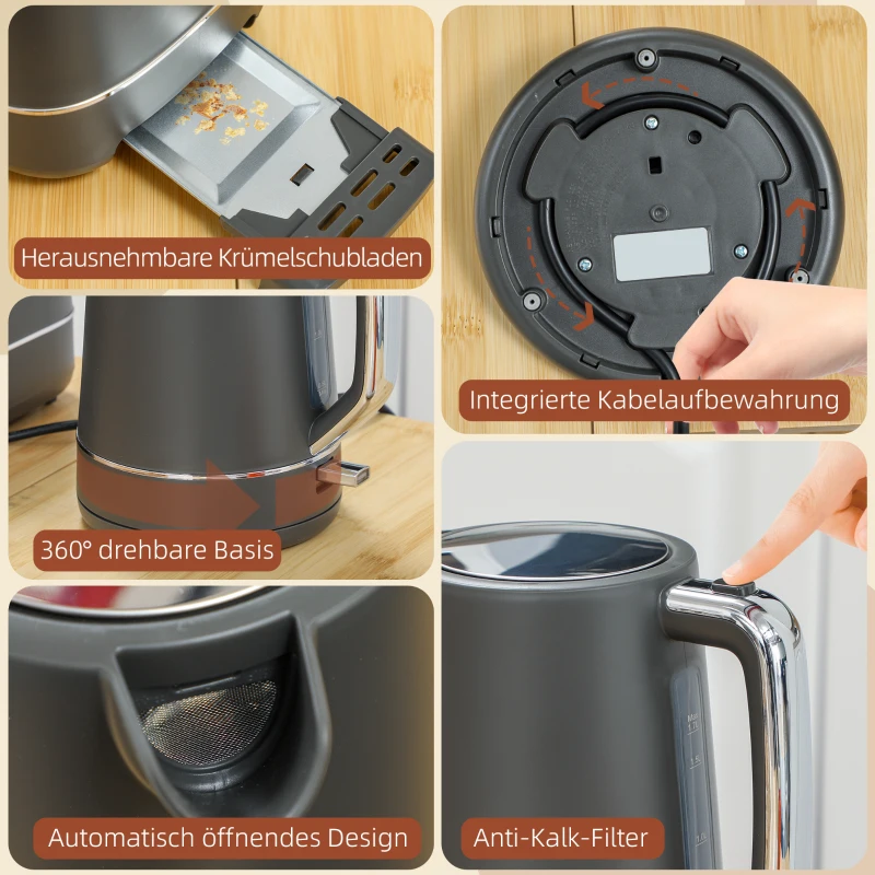 HOMCOM Set van 1,7 L waterkoker en toaster met 6 bruiningsniveaus, Grijs