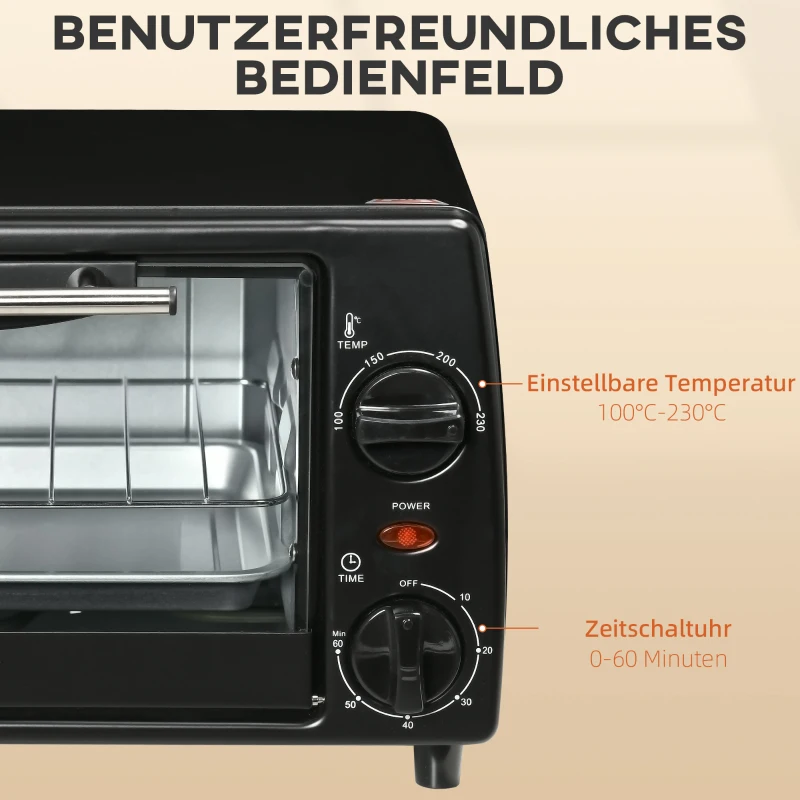 HOMCOM Mini-Oventoaster, 1 Bakplaat, 1 Grillrooster, Timerfunctie, 36,5 cm x 26 cm x 22 cm, Zwart
