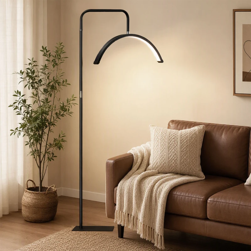 HOMCOM Candeeiro de Pé Meia Lua  com Cabeça Giratória 350° 7 Temperaturas de Cor Brilho Ajustável Suporte para Telemóvel Preto