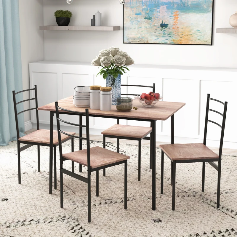 HOMCOM Set din 5 Piese cu Masă de Bucătărie Dreptunghiulară și 4 Scaune Moderne din MDF și Oțel, 110x70x75 cm , Maro