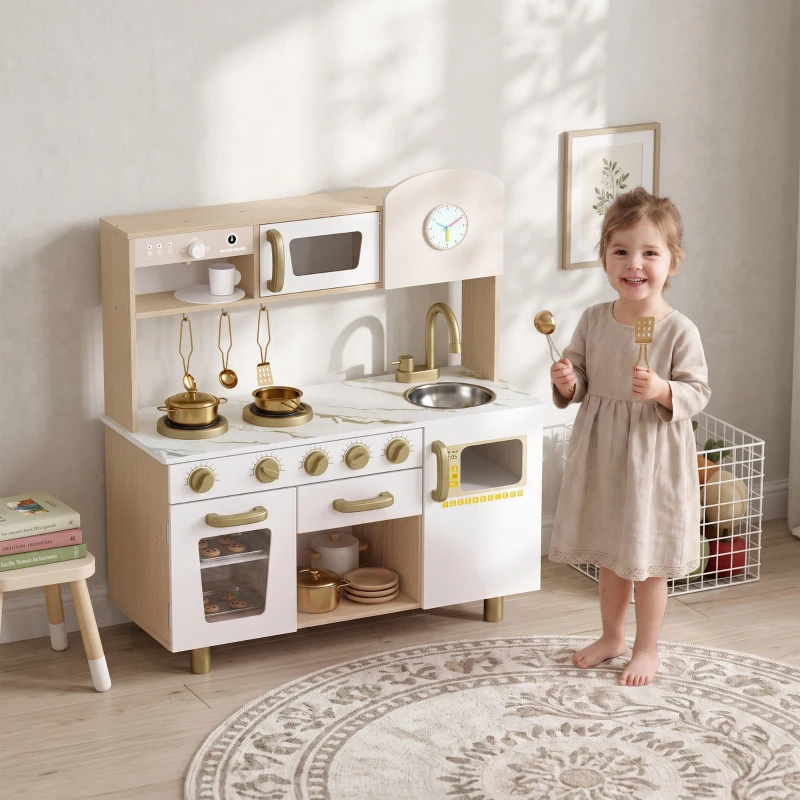 AIYAPLAY Cuisine Enfant en Bois, Dinette Cuisine Enfant avec Ustensiles en Acier Inoxydable, pour 3 à 6 Ans, 74x29x81cm, Blanc