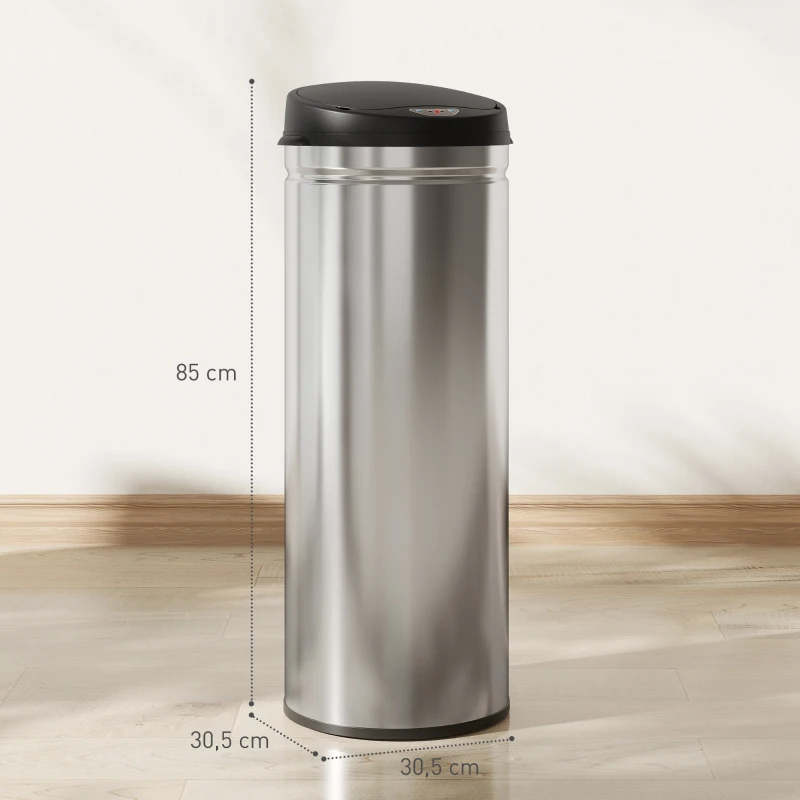 HOMCOM 50 Liter Sensor-Prullenbak met Soft-Close-Functie, contactloze Vuilnisbak van Roestvrij Staal voor hygiënische Keukens, Kantoren, Zilverkleurig(m-3)