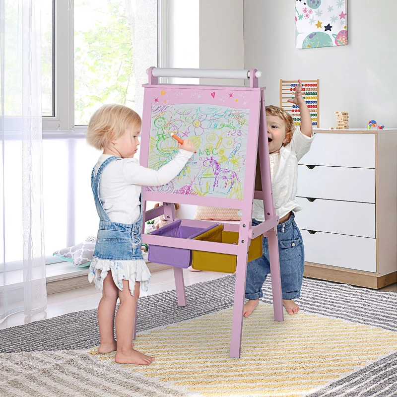 HOMCOM Lavagnetta per Bambini in Legno Rosa con Cavalletto 3 in 1: Lavagna Bianca, Nera e con Rullo Fogli di Carta