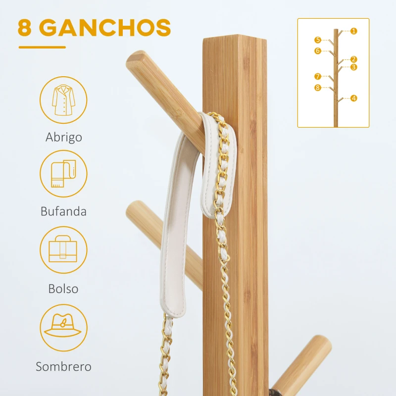 HOMCOM Perchero de Pie de Bambú, Perchero para Ropa con 8 Ganchos, Forma de Árbol, 49,5x49,5x178 cm, Natural