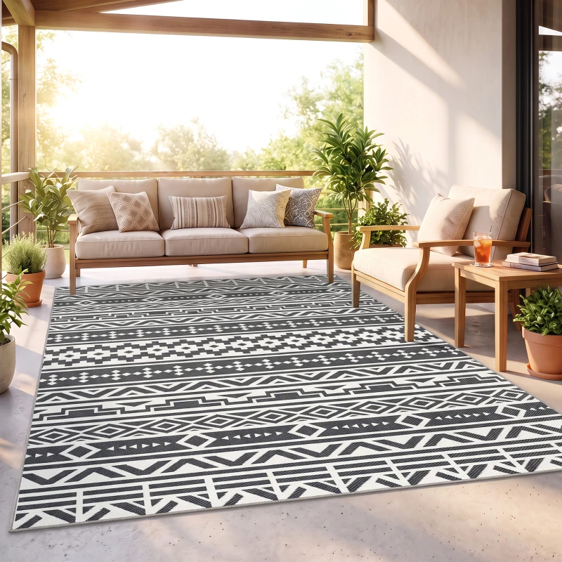 Outsunny Covor de Exterior Reversibil cu Model Geometric și Geantă Inclusă, 182x274 cm, Gri și Alb