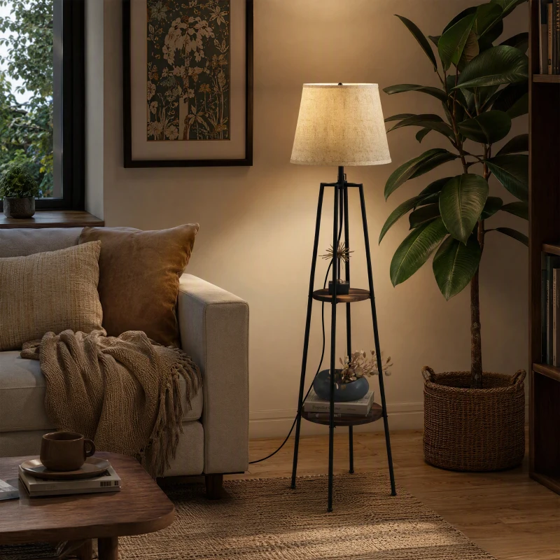 HOMCOM Lampada da Terra a 2 Ripiani in Metallo e MDF con Paralume in Tessuto, Ø42x166 cm, Nero e Marrone
