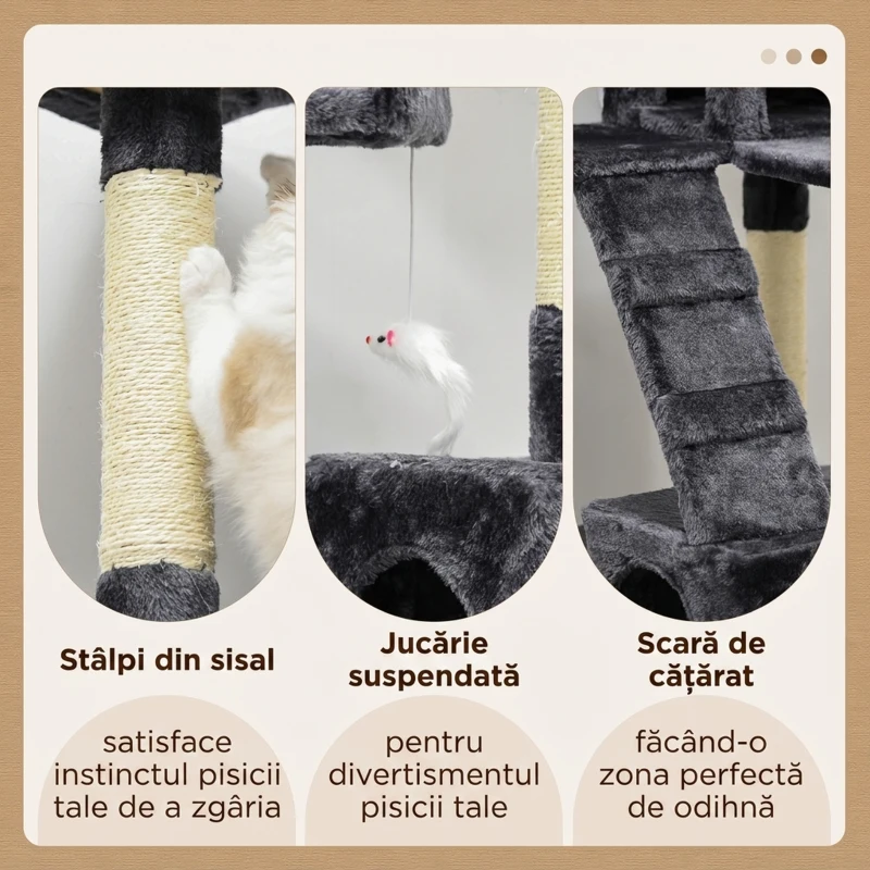 PawHut Pom pentru Pisici cu 3 Platforme 2 Căsuțe, Gri