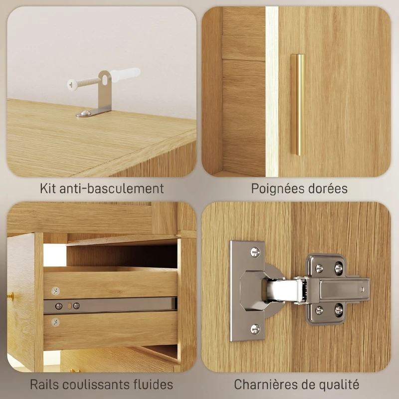 HOMCOM Armoire chambre penderie avec miroir, 2 portes, 2 tiroirs et barre de suspension, 80 x 50 x 180 cm, chêne