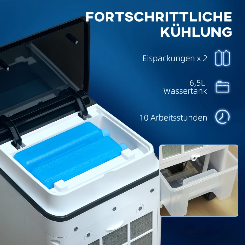 HOMCOM Ventilator, Luchtkoeler en Klimaatunit, 3 Modi, Afstandsbediening, Timer, Op Wielen, Wit