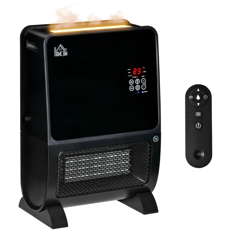 HOMCOM 2 in 1 luchtverhitter met afstandsbediening luchtbevochtiger keramisch LED licht bevochtigingsfunctie 8-uurs timer kachel verwarming 2000W ABS zwart 33 x 21 x 49.5 cm