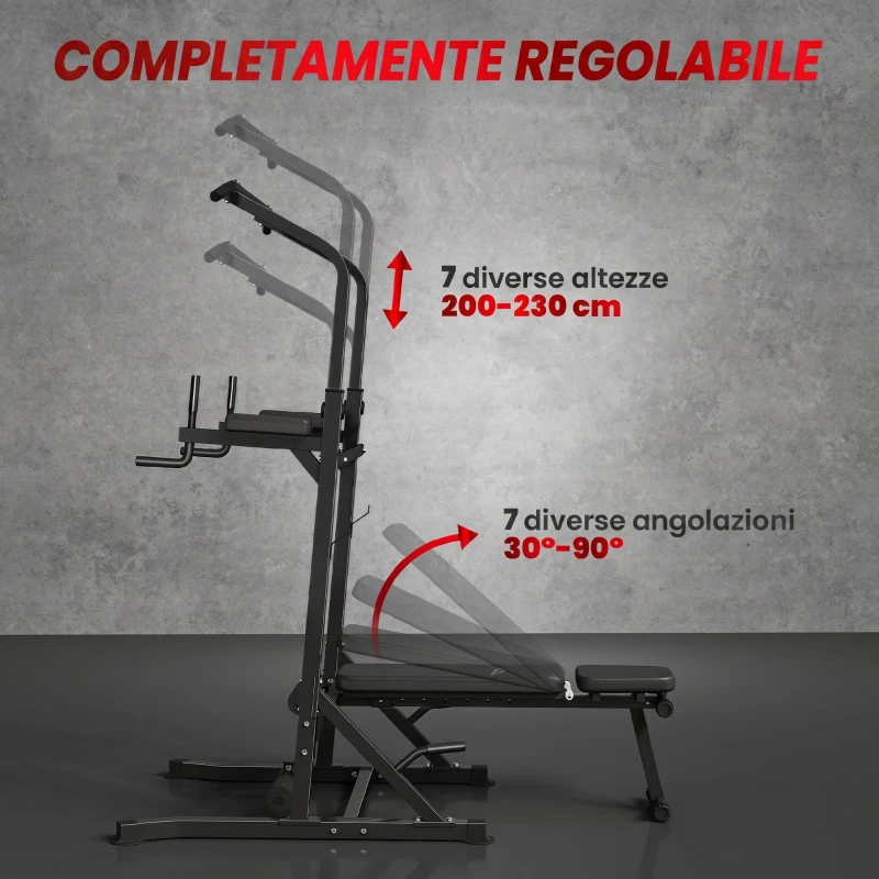 HOMCOM Power Tower Pieghevole, Stazione Fitness Multifunzione Regolabile in 7 Posizioni con Sbarra Trazioni, Dip Station, Pull UP Station