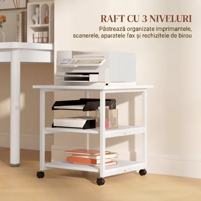 HOMCOM Raft Mobil pentru Imprimantă cu 3 Etajere și 4 Roți, Lemn și Oțel, 50x50x52,5cm, Alb