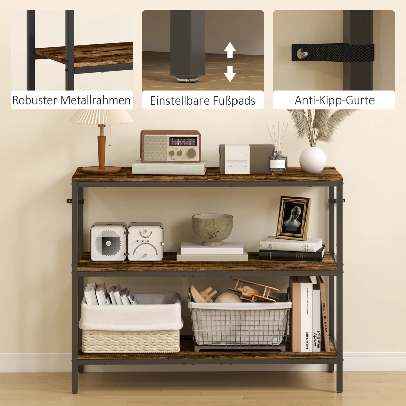 HOMCOM Console Tafel, Bijzettafel met 3-niveaus Rek, Spaanplaat, Metaal, Lichtbruin