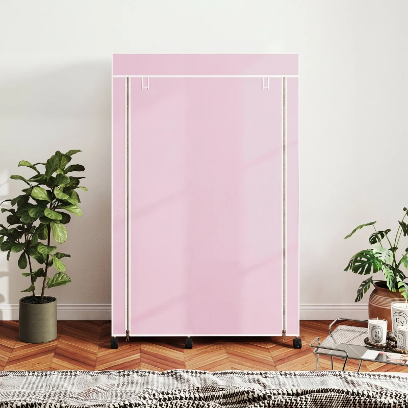 HOMCOM Armoire penderie en tissu meuble de rangement 6 roulettes tringle à vêtements et étagères ouvertes 103x43x162,5cm rose