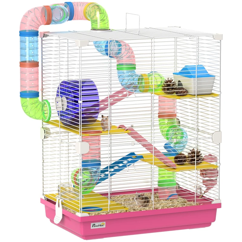 PawHut Cage pour Hamster Rongeur 5 Étages avec Tunnels, Mangeoire, Roue, Maison, Échelles, 46 x 30 x 58 cm, Rose