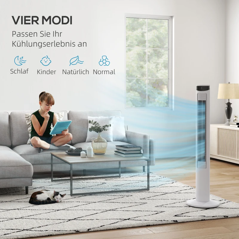 HOMCOM Torenventilator met 4 Modi, 3 Snelheden, Timer, Wit