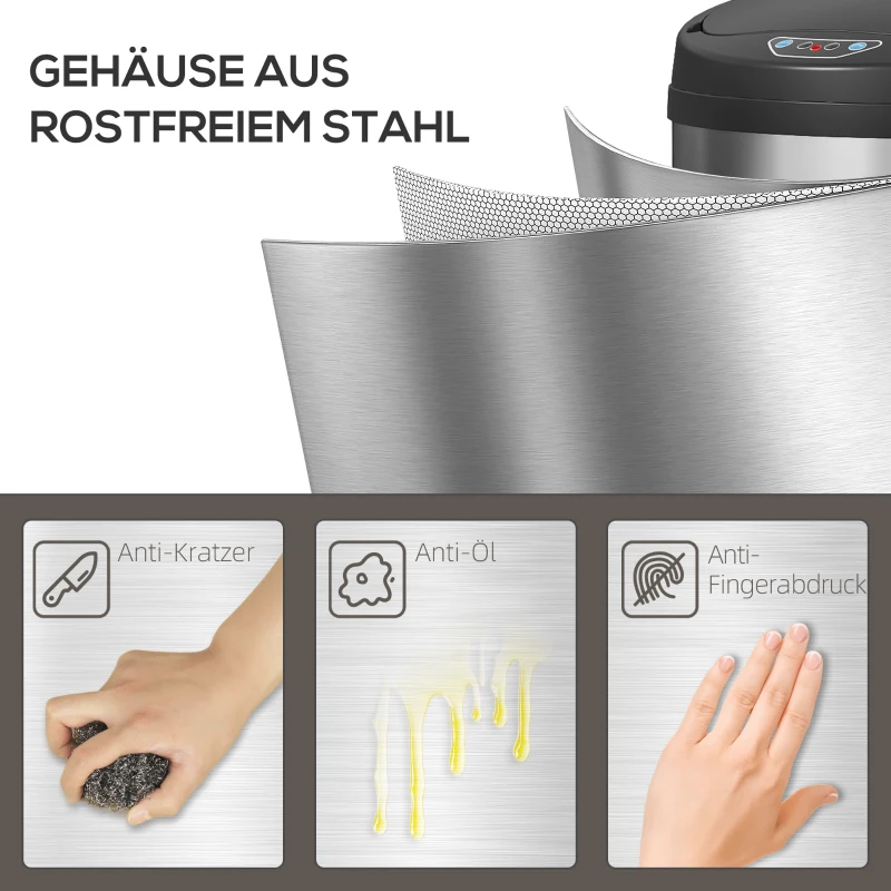 HOMCOM 50 Liter Sensor-Prullenbak met Soft-Close-Functie, contactloze Vuilnisbak van Roestvrij Staal voor hygiënische Keukens, Kantoren, Zilverkleurig(m-6)