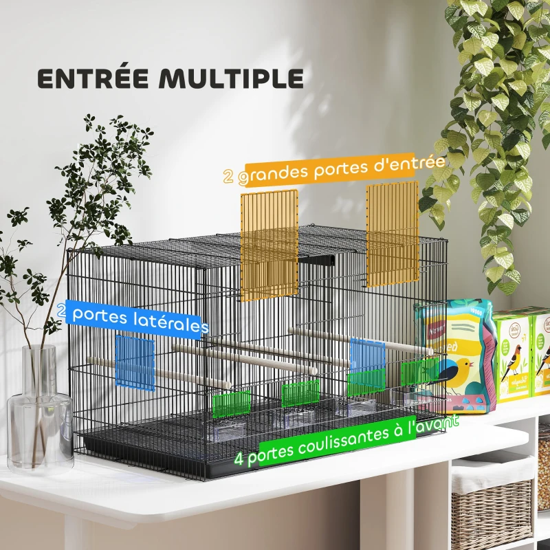 PawHut Cage à oiseaux volière intérieur acier avec séparateur 4 perchoirs plateau coulissant 4 mangeoires 76 x 46 x 46 cm noir