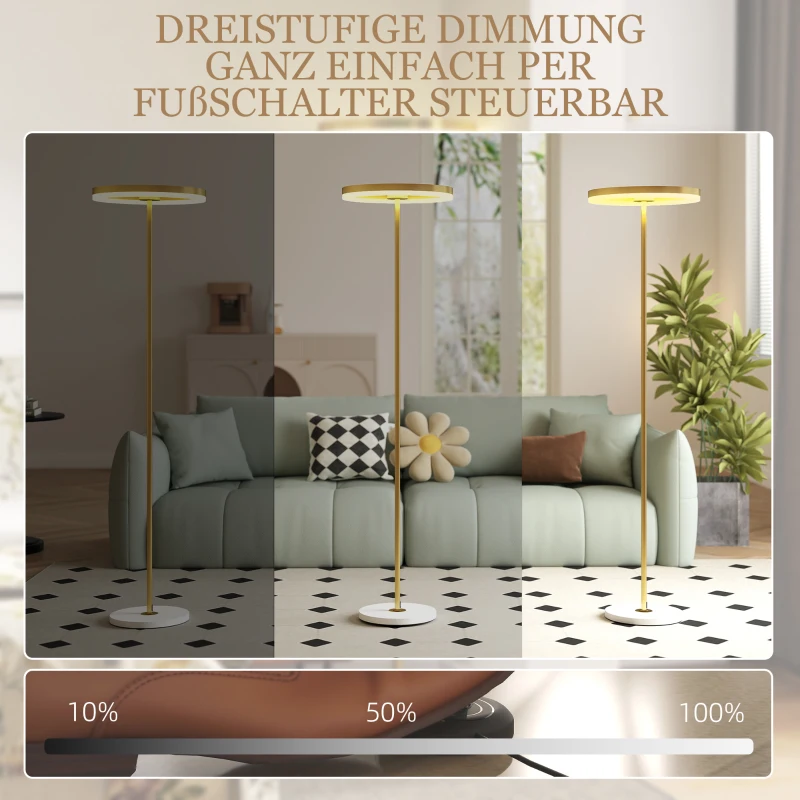HOMCOM Vloerlamp met Voetschakelaar, Metalen Structuur, Acrylscherm, 4000K, Dimbaar - Goudkleur