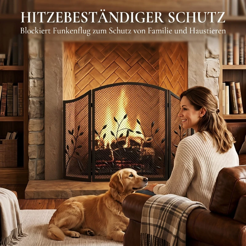 HOMCOM 3-teiliges klappbares Kaminschutzgitter, hitzebeständiger Funkenschutz aus Metall, Schwarz