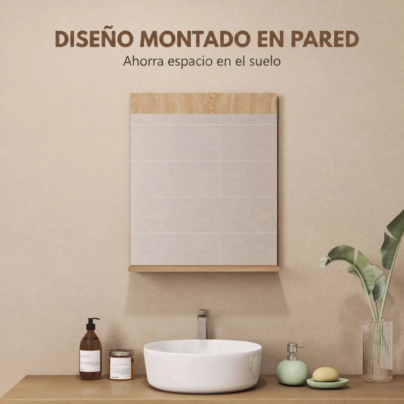 HOMCOM Espejo de Baño de Pared con Estante Abierto Espejo para Entrada Pasillo 50x12x60 cm Roble