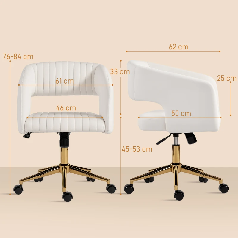 HOMCOM Verrijdbare Bureaustoel met bekleding in fluweeloptiek, in hoogte verstelbare bureaustoel, kantelfunctie, Crèmewit