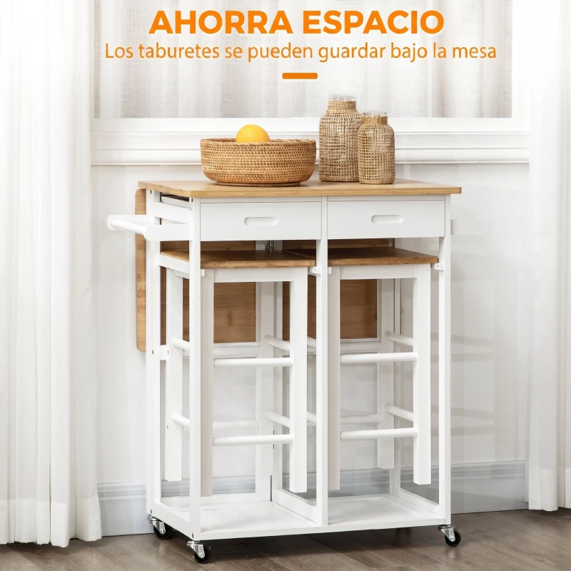 HOMCOM Juego de Mesa Alta de Bar y 2 Taburetes con Ruedas Mesa Plegable de Cocina con Taburetes 86x75,5x83,5 cm Natural