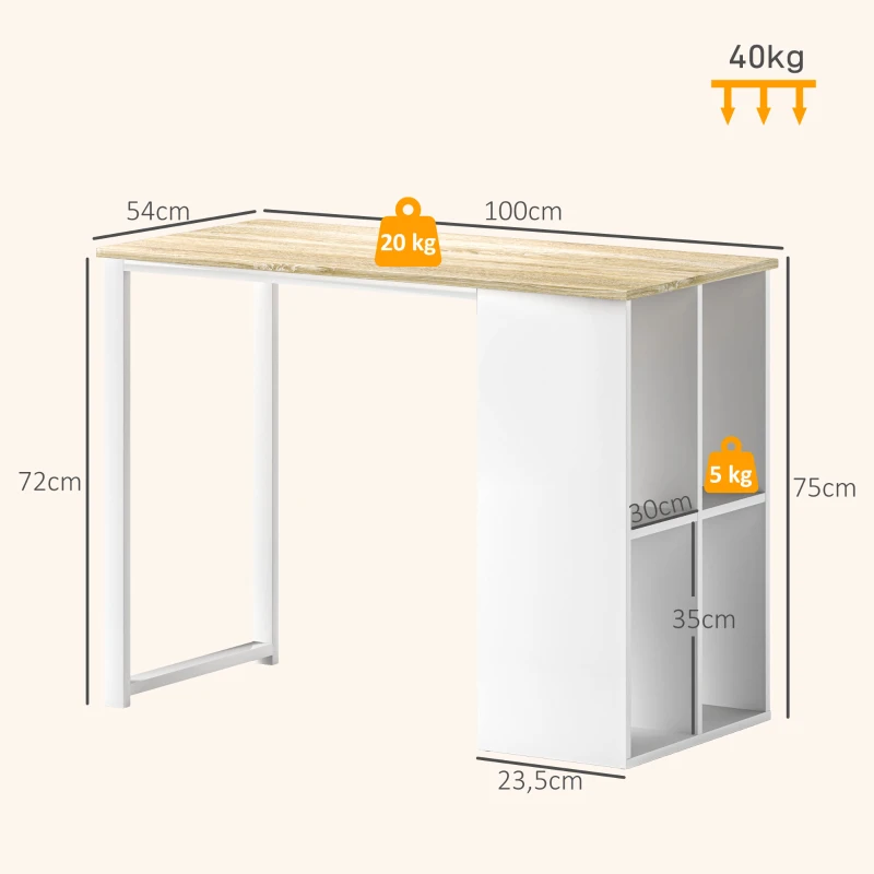 HOMCOM Compacte Computertafel, Moderne Bureautafel met Opbergvakken voor Kleine Ruimtes, 100 x 54 x 75 cm, Wit