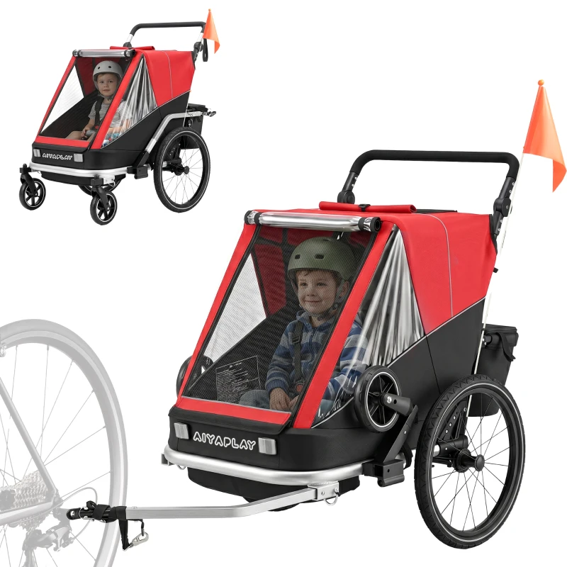 AIYAPLAY Fahrradanhänger für Kinder, 2-Sitzer, 2-in-1 faltbarer Kinderfahrradanhänger mit verstellbarem Sitz und Gurten, Rot