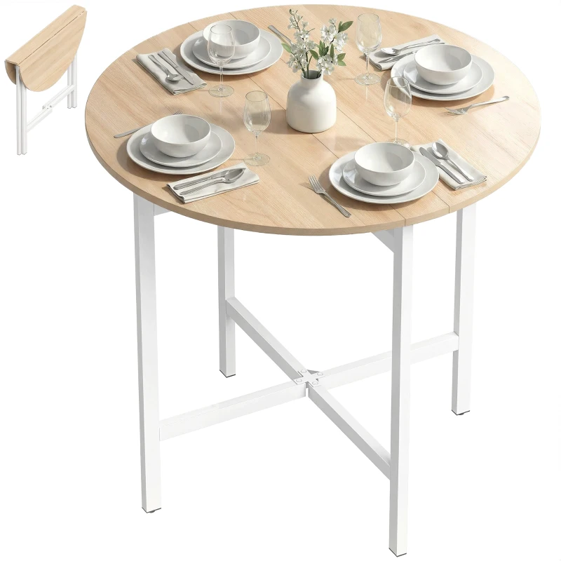 HOMCOM Klappbarer Esstisch, 80 cm Runder Klapptisch mit Stahlrahmen, Platz für 2-4 Personen, Naturholz-Optik
