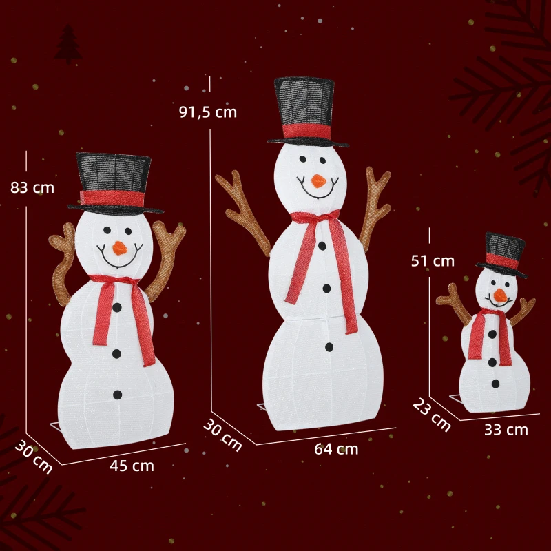 Outsunny 3-delige feestelijke sneeuwmanfamilie, buitendecoratie, LED-lampjes, grondpennen, waterdicht, staal, polyester, wit