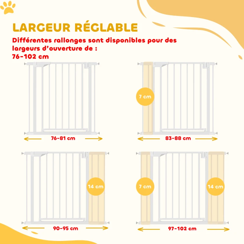 PawHut Barrière de sécurité pour chiens et bébés 76 à 102 cm avec extension fixation par pression sans perçage blanc