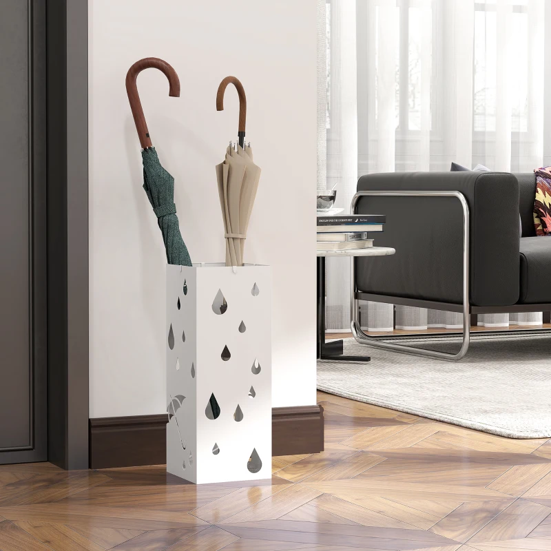 HOMCOM Paraplustandaard, 4 Haken, Wateropvangbak, Staal, Wit