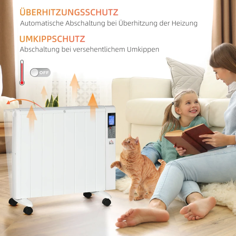 HOMCOM elektrische verwarming met wielen, 9 voorgeïnstalleerde modi, wandmontage mogelijk, 5-35° C, wit, 75 x 7,5 x 58,5 cm(m-8)