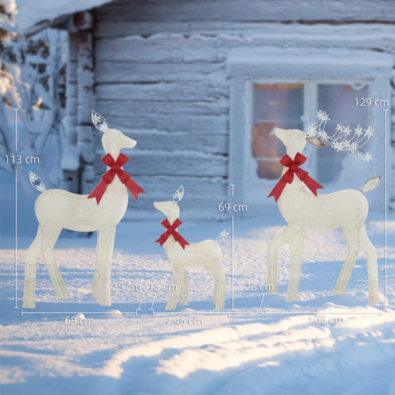 Outsunny 3-delige verlichte rendierfamilie | LED-kerstdecoratie met rode strik, staal & polyester, waterbestendig