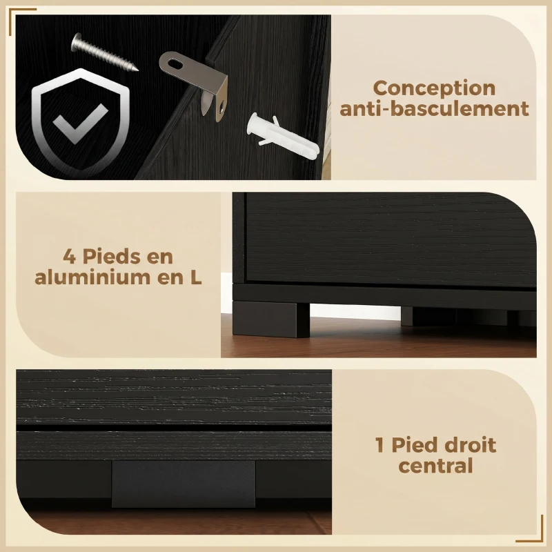 HOMCOM Meuble à chaussures 16 paires armoire à chaussures 4 tiroirs rabattables 2 portes en miroir étagères réglables noir