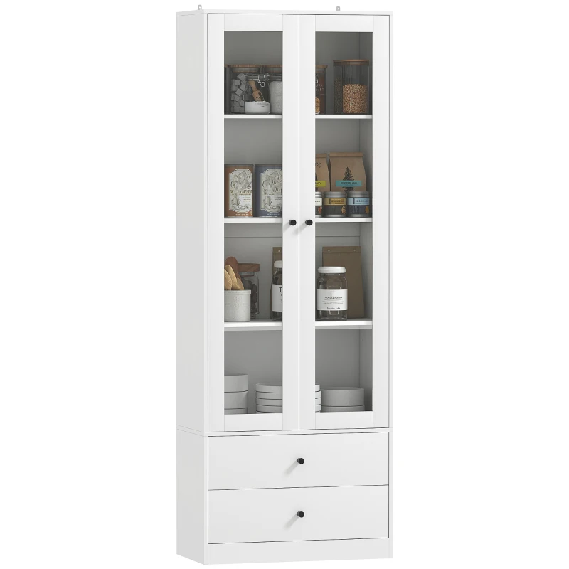 HOMCOM Aparador de Cocina con Armario y 2 Cajones, Puertas de Vidrio y Estantes Regulables, 59x30x164 cm, Blanco