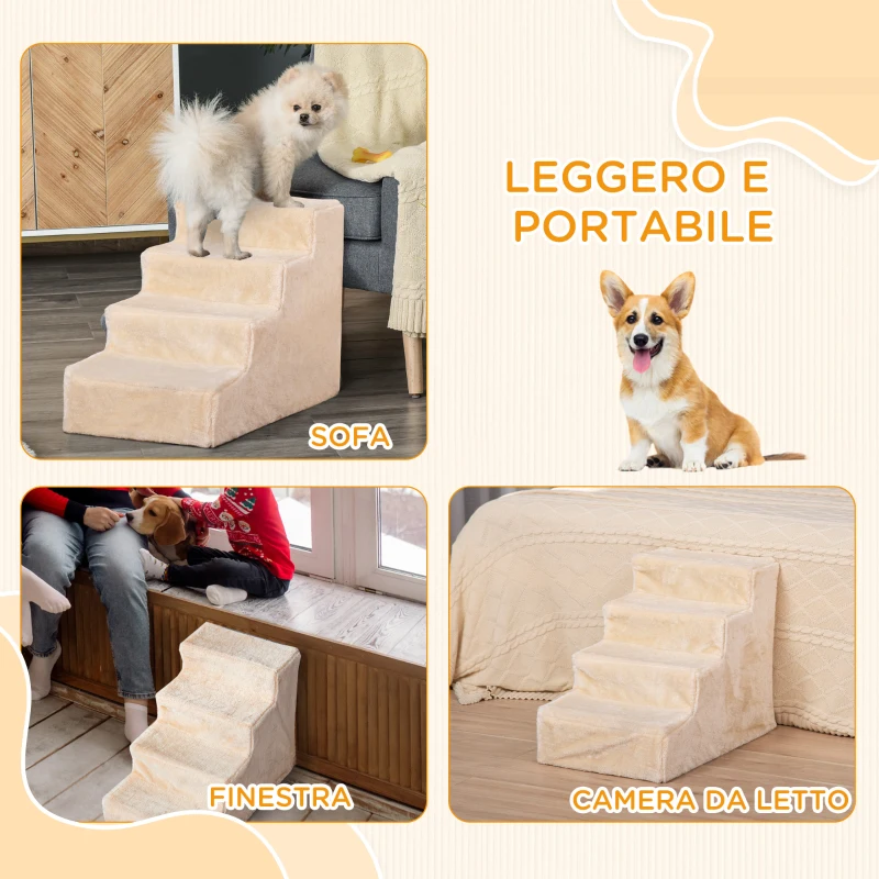 PawHut Scaletta per Cani Portatile a 4 Gradini, in Tessuto Vellutato Sfoderabile e Truciolato, 60x35x44 cm, Beige
