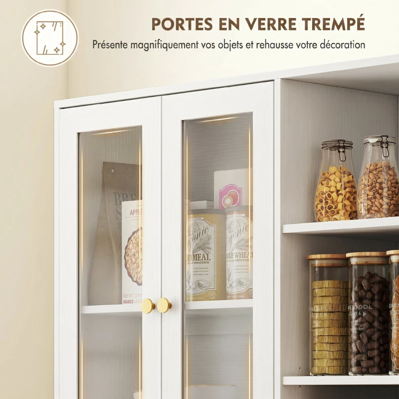 HOMCOM Buffet haut cuisine, vaisselier vitrine avec 4 portes à fermeture douce en verre trempé, 90x35x172cm, blanc